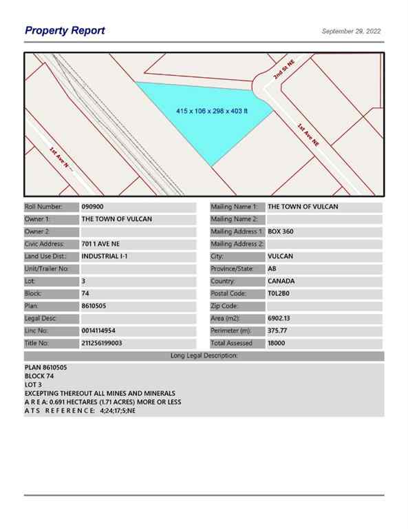 MLS® A1259538 - 701 1 Avenue NE in NONE Vulcan, Land